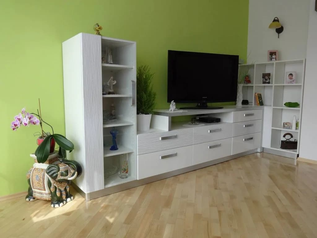 Dnevna soba z belim regalom in TV-komodo ob zeleni steni