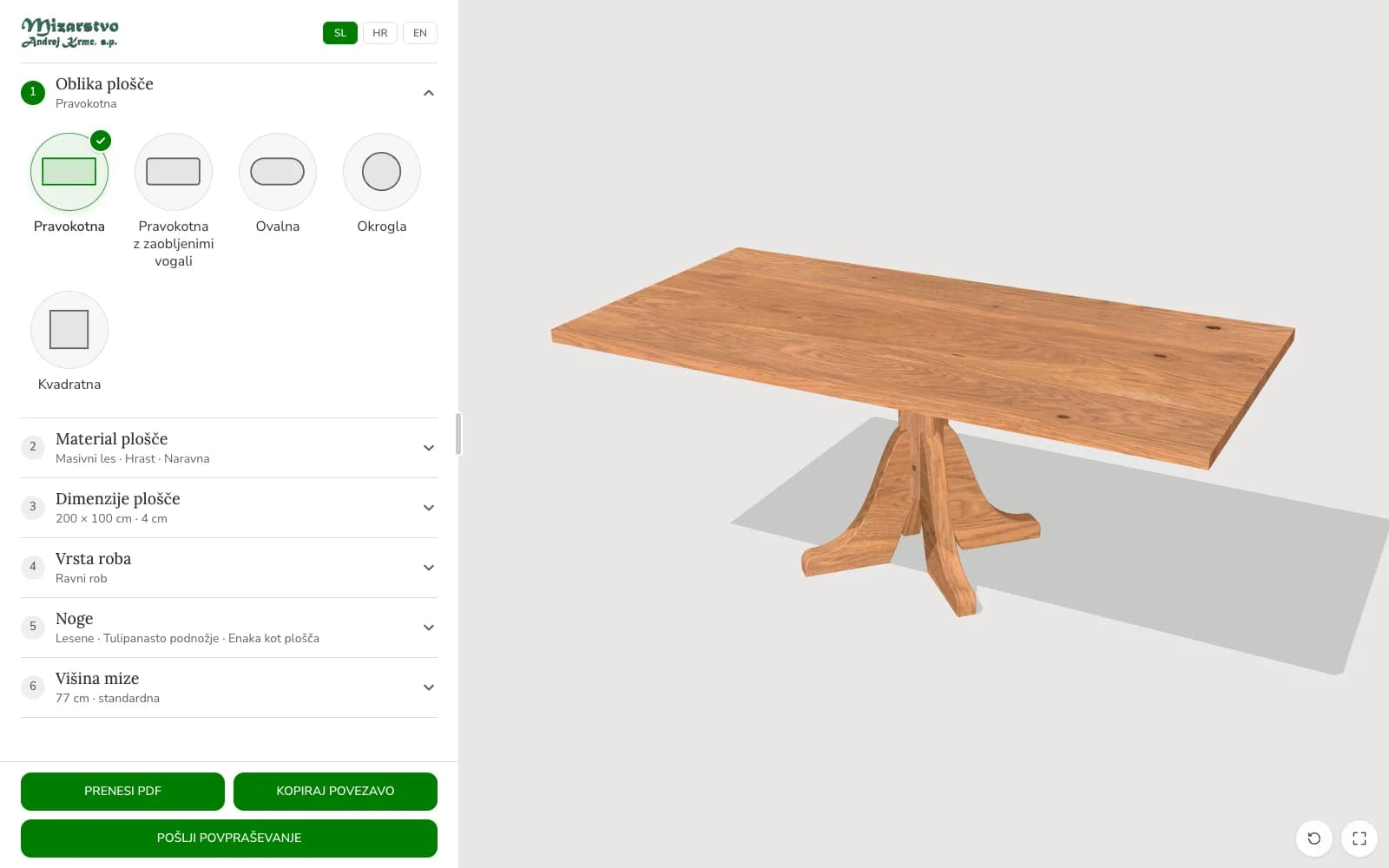 Spletni 3D konfigurator mize: prikaz hrastove mize z izbiro oblike, lesa in dimenzij